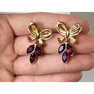 Marvella Bow Tie Dangle Earrings Gold Tone W/Purple Rhinestones Cluster Vintage
